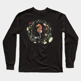 Seahorse with nautical wreath in watercolor Long Sleeve T-Shirt